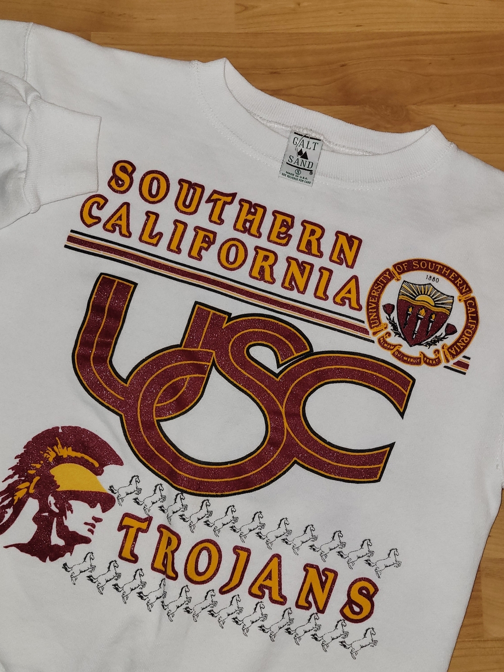 Vintage USC Trojans Small White Crewneck Sweatshirt Retro Colorful Spellout Logo